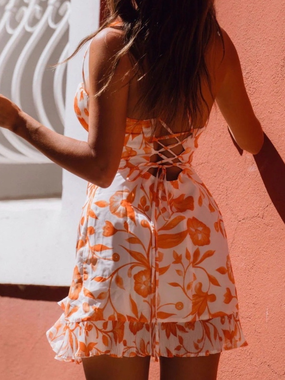 12th Tribe White & Orange Floral Lace-Up Back Dress